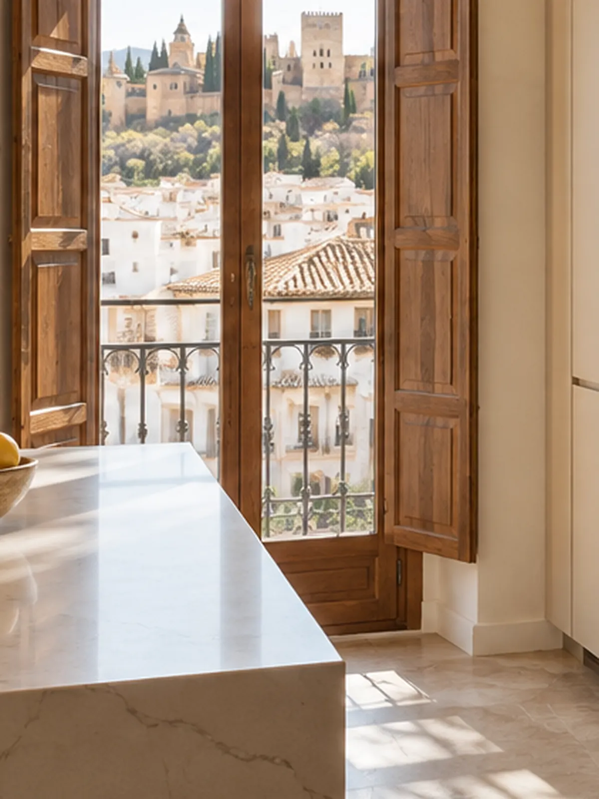 Detalle de la estantería de roble y la ventana