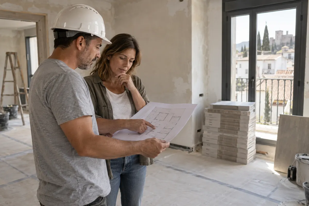 Jefe de obra con casco y clienta revisando un plano impreso en un piso en obras, con luz natural